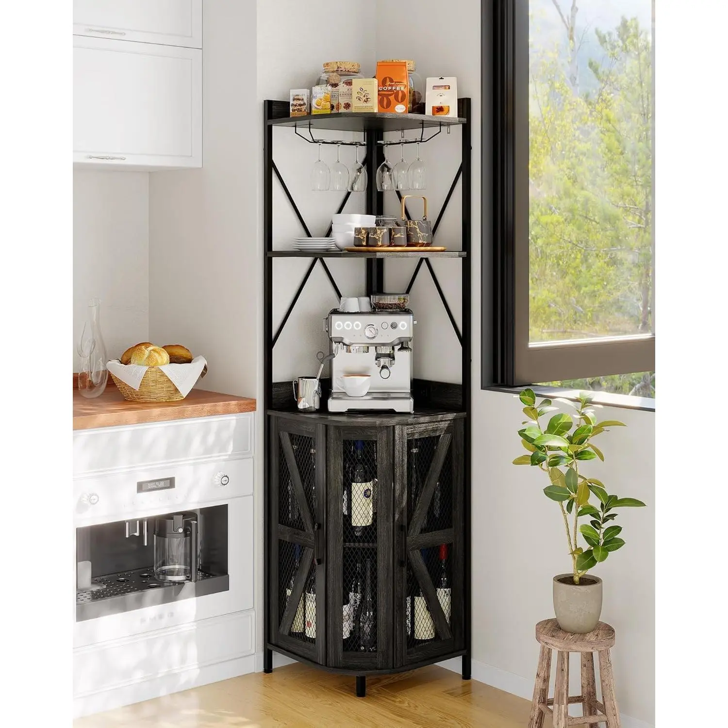 71.5-Inch Triangular Industrial Corner Wine Cabinet - Metal MDF Single Unit with Built-in Power Outlet, LED Strip, 5-Tier Mesh Door Liquor Storage, Glass Holder, Freestanding Home Small Space Bar Cabinet, Corner Shelves, Sturdy Base
