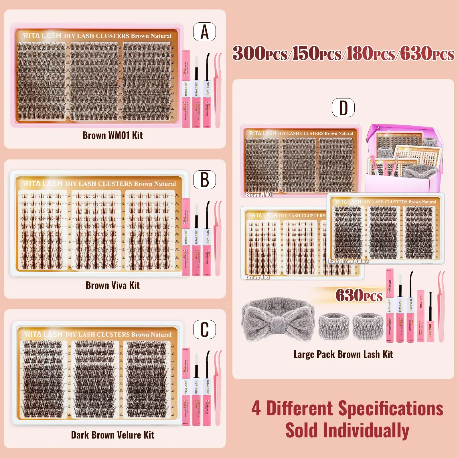 RITALASH 630PCS Dark Brown DIY Lash Clusters Extension Kit Natural Thin Wispy Brown Lash Clusters Bulk Set Sweatproof All Day Long Lasting for Daily Makeup Daily Going Out, And Holidays (WM01-Viva-Velure)