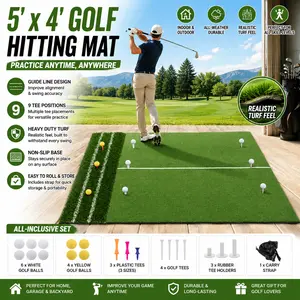 Golf Hitting Mat Heavy Duty Practice Turf 5x4 Ft Alignment Guide Lines 9 Tee Positions Includes Balls Tees For Indoor Outdoor Backyard Garage Simulator Setup Swing Trainer Accessories Men Gift Idea Summer Sports Gear