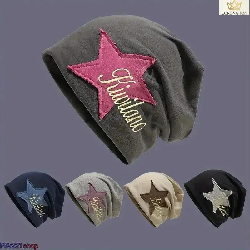 Y2K Aesthetic Slouchy Beanie Hat for Women & Men, Soft Cotton Knit Winter Hat with Embroidered Star Patch, Oversized Streetwear Skull Cap, Retro Vintage Style Warm Stretch Fit Headwear for Fall Winter Daily Wear, Outdoor Trips & Casual Street Fashion