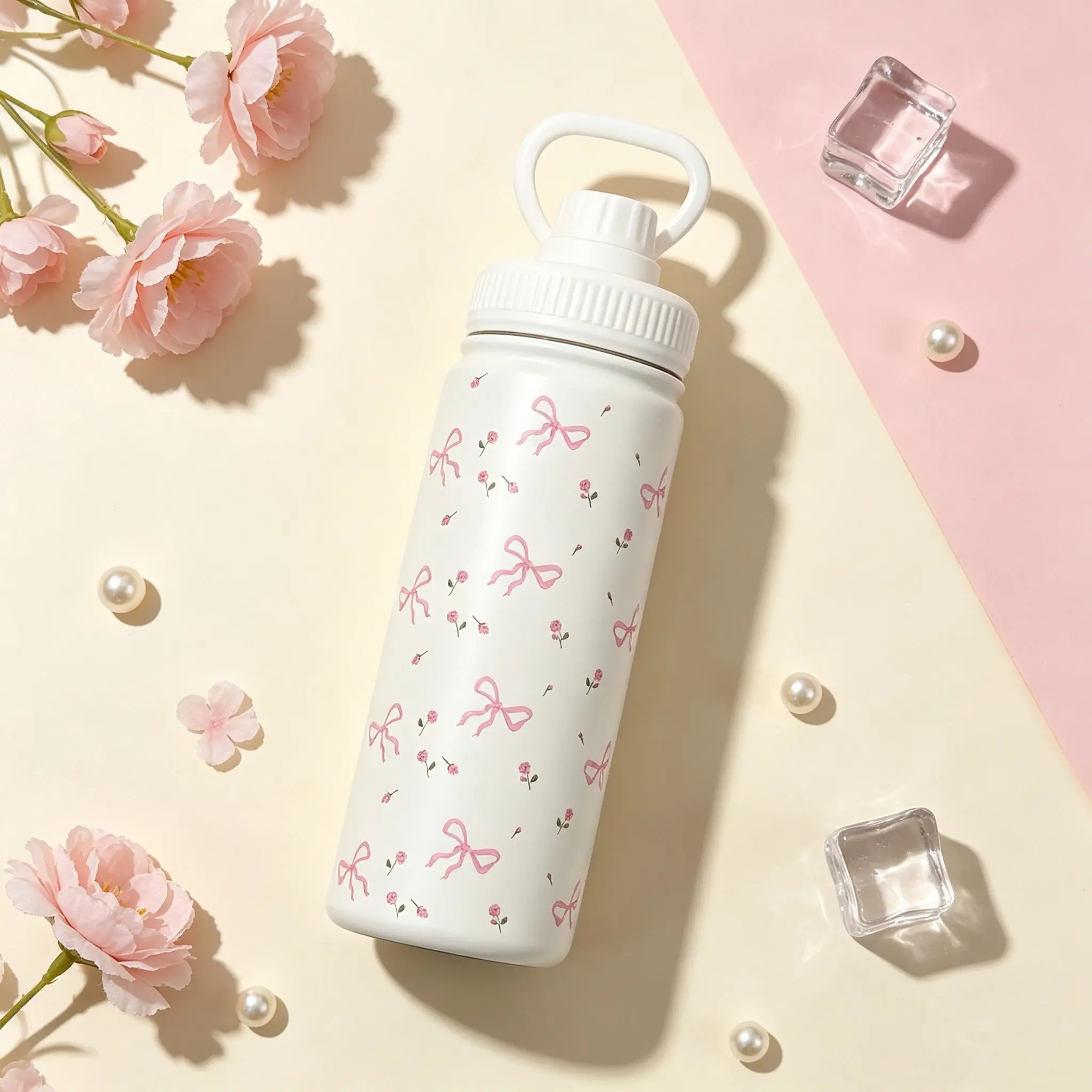 Cute Bow Print Stainless Steel Insulated Cup, Large Capacity, Leak-Proof, Ideal for Students and Workers, Perfect for School, Commuting, Sports, Vacuum Insulated Tumbler