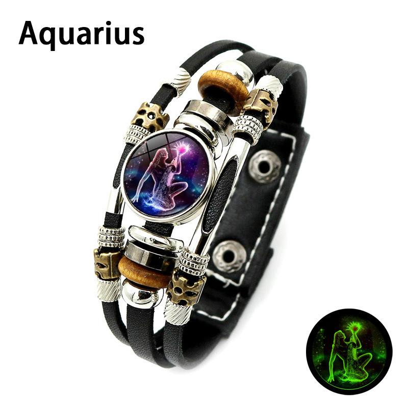 New Twelve Zodiac Signs Luminous Leather Bracelet Vintage Punk Multi-layer Woven Beaded Bracelet Jewelry