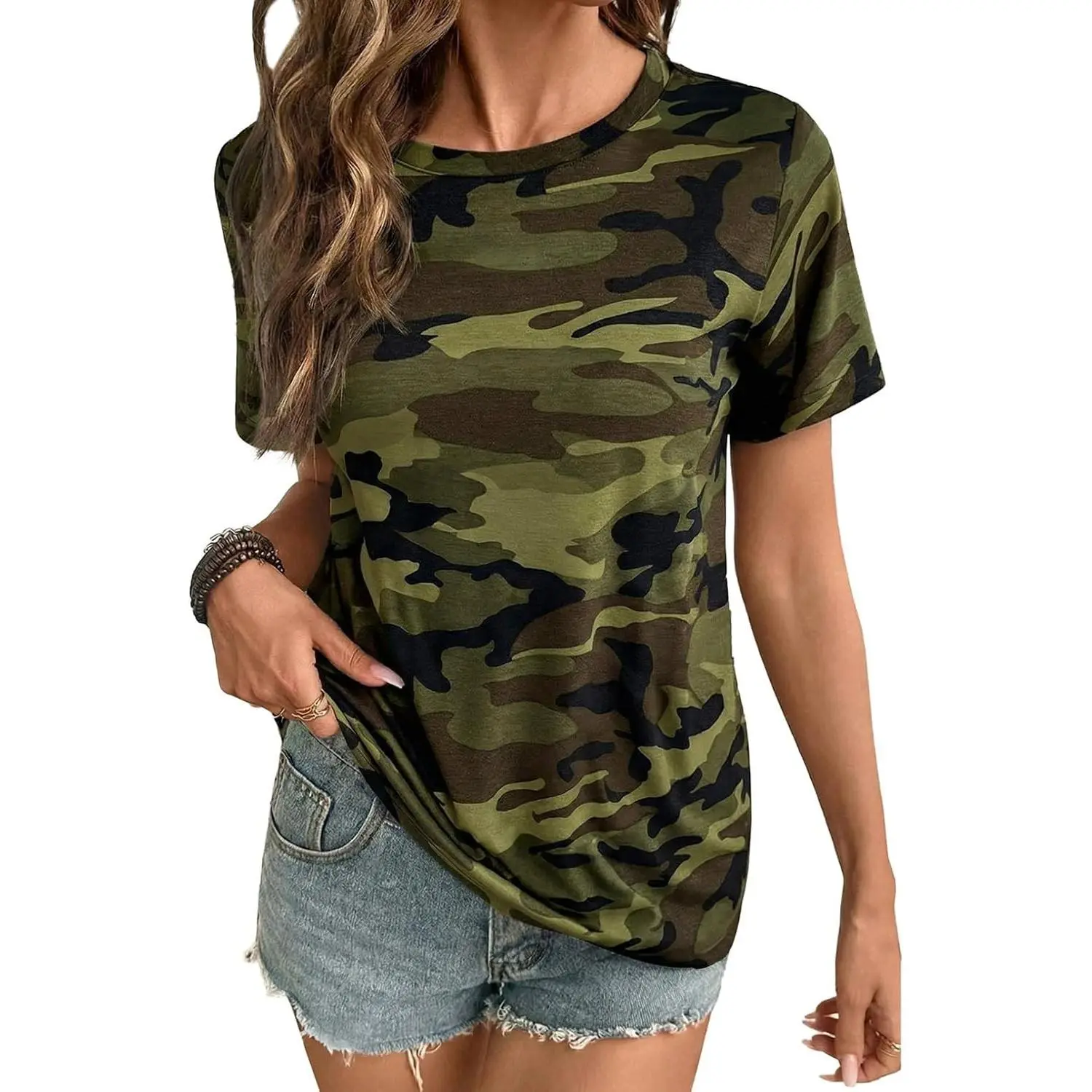 Women's Light Round Neck Graphic T-Shirt - Casual Floral Camo Print, Soft Short-Sleeve, Comfortable Cute Basic Layering Undershirt for Leggings, Sweatpants