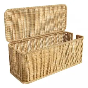 Desktop Power Cable Management Box with Lid, Woven Rattan Style Outlet Protector, Plug Board Data Line Storage Bag, Home Organization Decorative Item