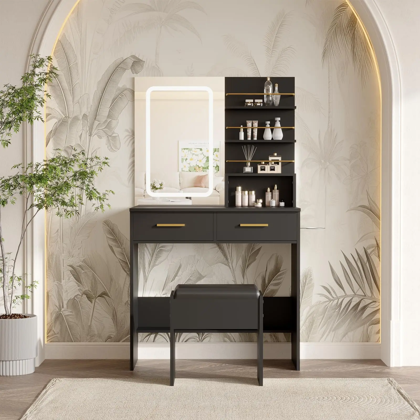 Garvee Makeup Vanity with Mirror and Adjustable LED Lights, 2 Drawers, Open Storage Shelves, and Cabinet - Brightness Modes for Ideal Lighting
