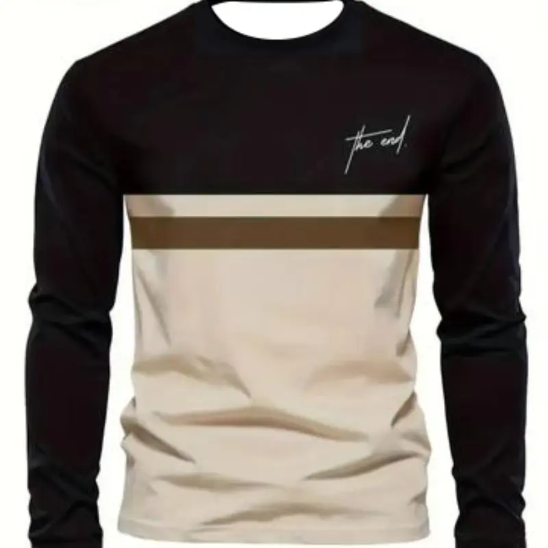 Men's Casual Long Sleeve Round Neck T-Shirt, Polyester Knit Fabric, Regular-Fit Top, Classic Striped Pattern Tee, Fall & Winter Wear