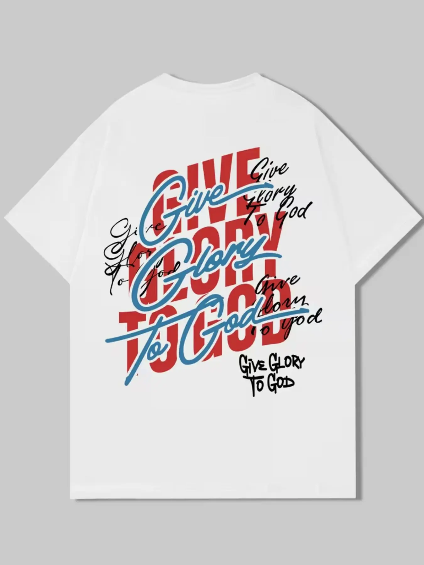 Bold Bottom Blue Multi-Layer Handwritten Print Top, Give Glory to God Religious English Overprint, Streetwear Faith Style
