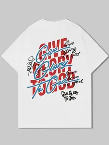 Bold Bottom Blue Multi-Layer Handwritten Print Top, Give Glory to God Religious English Overprint, Streetwear Faith Style