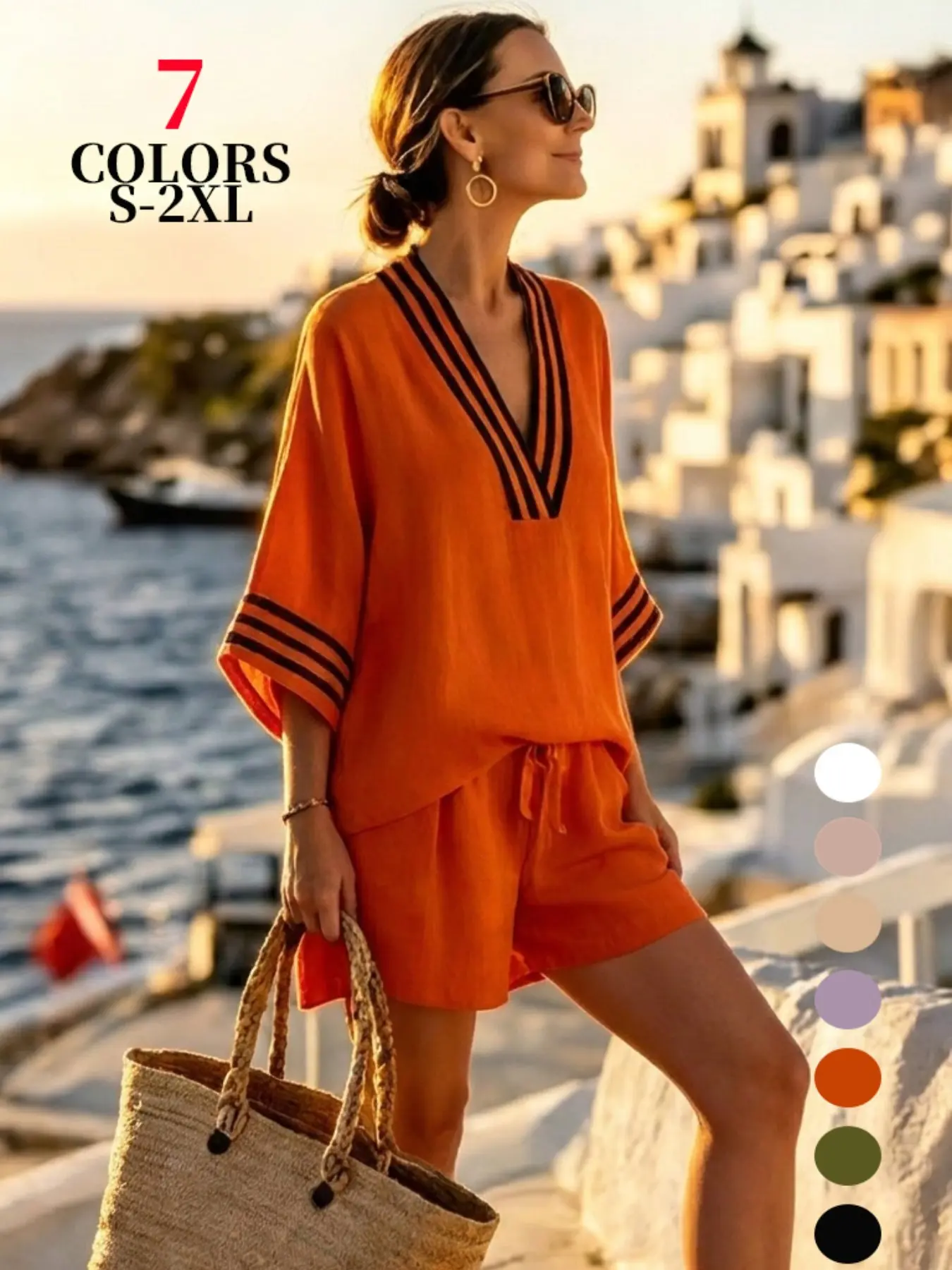 Women's Boho Style Two-Piece Set, Short Sleeve Colorblock Top & Above Knee Shorts, Loose-Fit Summer with Contrast Binding