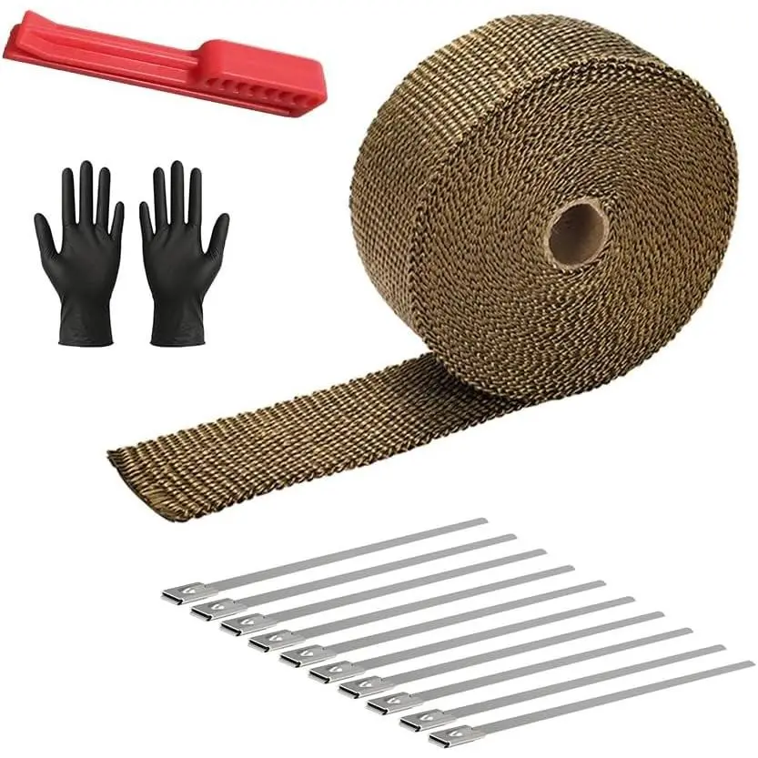 Titanium Fiberglass Exhaust Heat Shield Flexible Long Length Wrap Roll & Tape (2"x16'/5cmx5m) Includes Ties, 10 Stainless Ties, Measure Tool for Motorcycle, Car, Flexible Wrap
