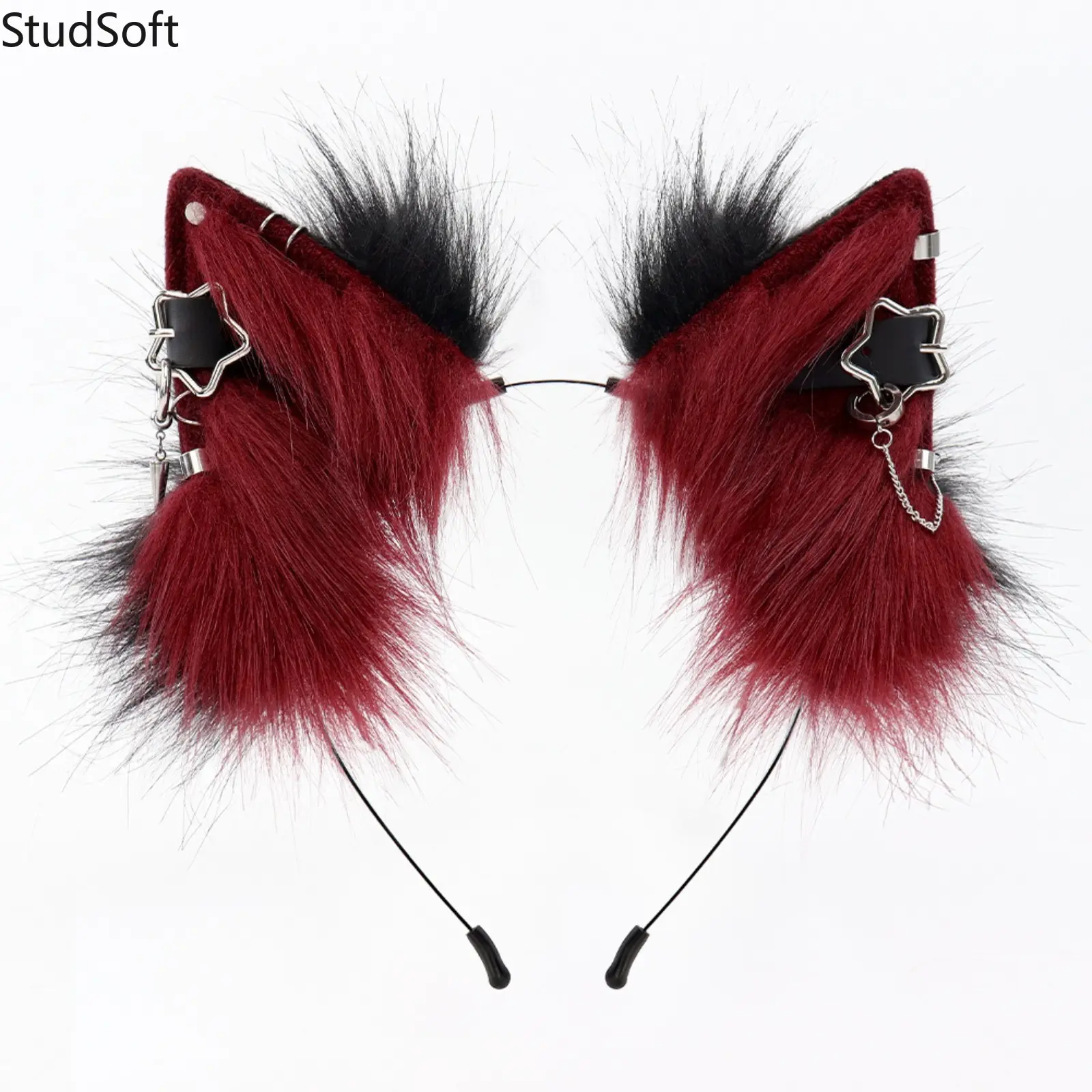 Gothic Punk Faux Fur Cat Ears Headband, Vintage Star Rings Fluffy Wolf Hairband, Cute Headwear Multi Color for Halloween Costume Party Accessories, Halloween Party, Faux Fur Ears, Fluffy Texture, Punk Gothic, Headbands, Unisex, Fluffy Ears