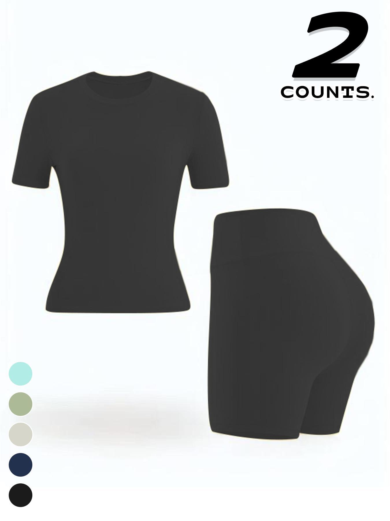 Women's Two-piece Set, Solid Color Tee & High Waist Skinny Shorts Tracksuit Set, Sporty Casual Breathable Set for Yoga Gym, Ladies Summer Sportswear, Activewear, Workout Running Clothes Women's Two-piece Set, Solid Color Tee & High Waist Skinny Shorts Tracksuit Set, Sporty Casual Breathable Set for Yoga Gym, Ladies Summer Sportswear, Activewear, Workout Running Clothes