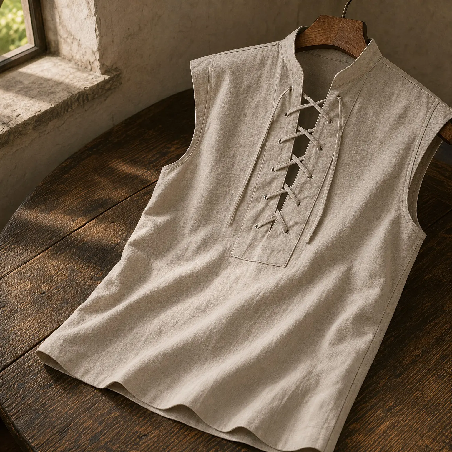 Mens Renaissance Pirate Medieval Sleeveless Halloween Costume, Pure Cotton Lace-Up Stand Collar Retro Viking Tunic, Ren Faire Knight Cosplay, Vintage Steampunk Vest, Gothic ClothingGift