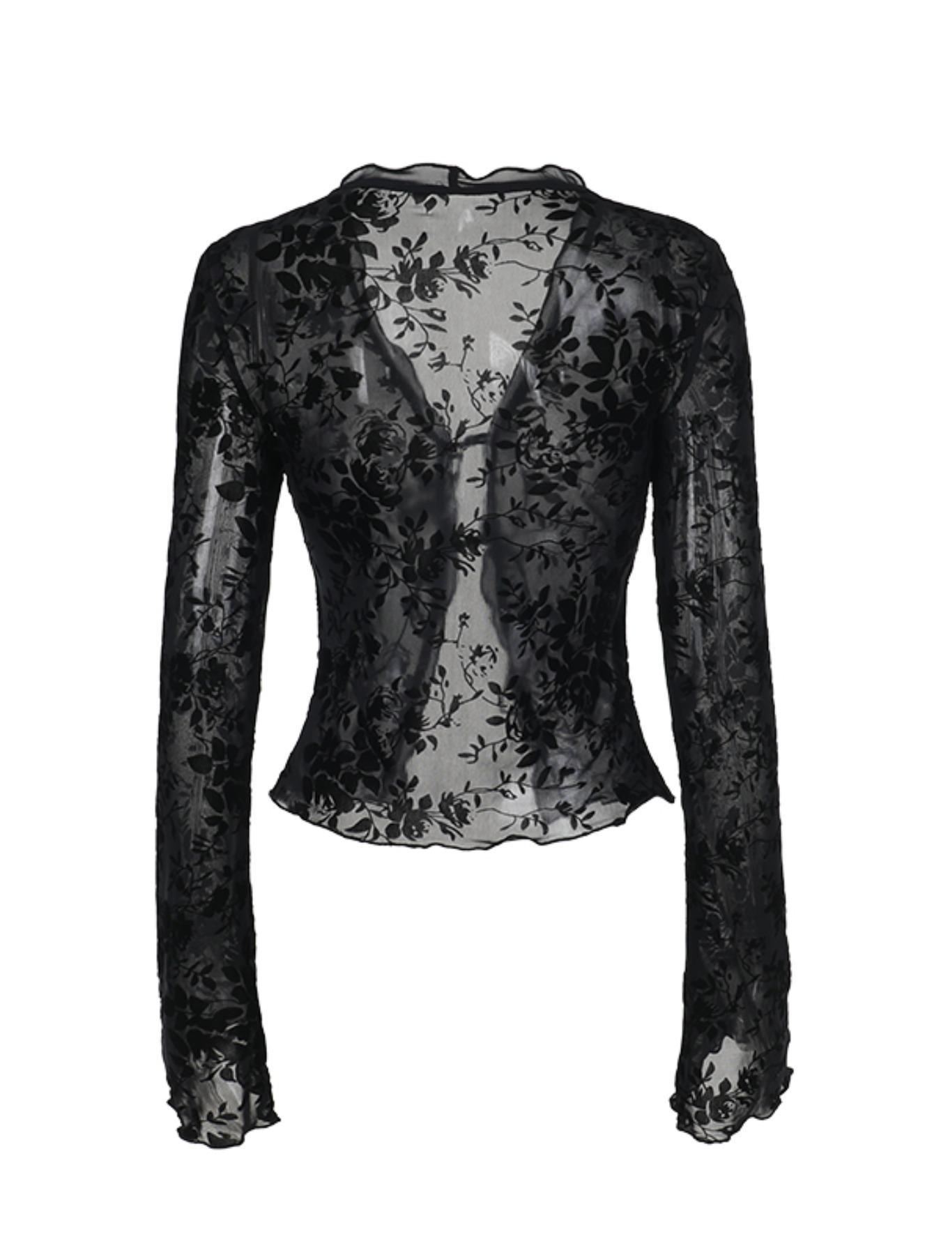 Women's Plain Floral Print Tulle Top Blouse, Classy Elegant Slim Long Sleeve Top for Summer, Ladies Clothes for Daily Wear