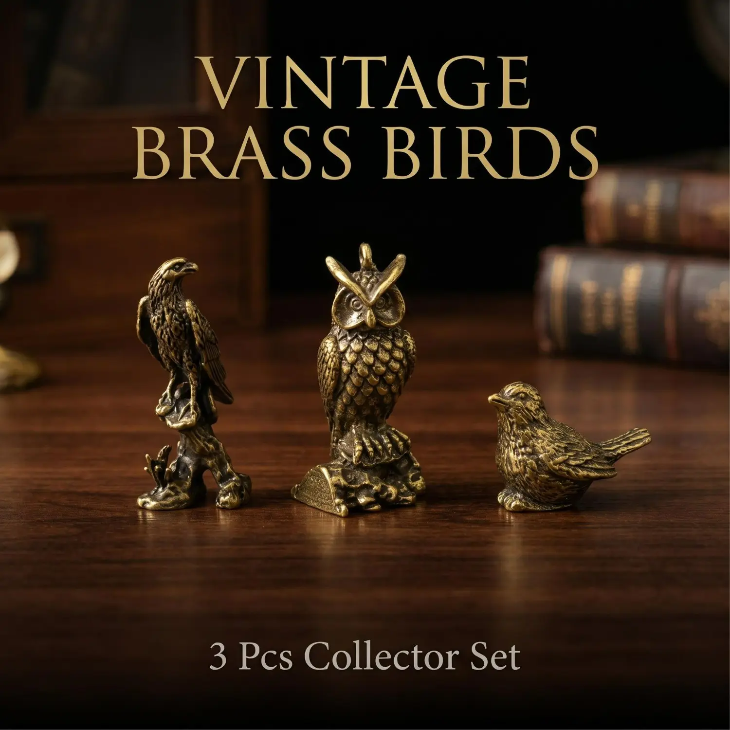 3pcs Vintage Solid Brass Mini Bird Figurine, Retro Carved Small Copper Animal Statue Ornament, 3 Styles (Eagle, Owl, Sparrow) for Tea Pet Desktop Decor Hand Play Collectible