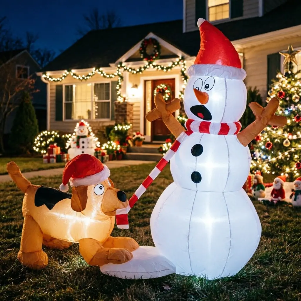 4FT Christmas Theme LED Light Up Inflatable Snowman and Dog Set, Interactive Garden Decoration, Home Christmas Party Festival Decorations, Holiday Party Decor, Festive Decoration