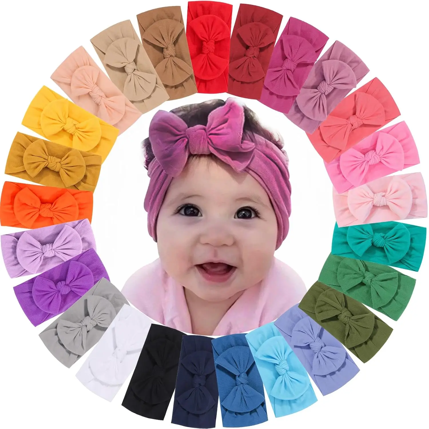 25-Pack Baby Girl Headbands, Soft Nylon Bows, Stretchy Cute Hair Accessories for Newborns and Toddlers, Elastic Hair Accessory, Hair Bow
