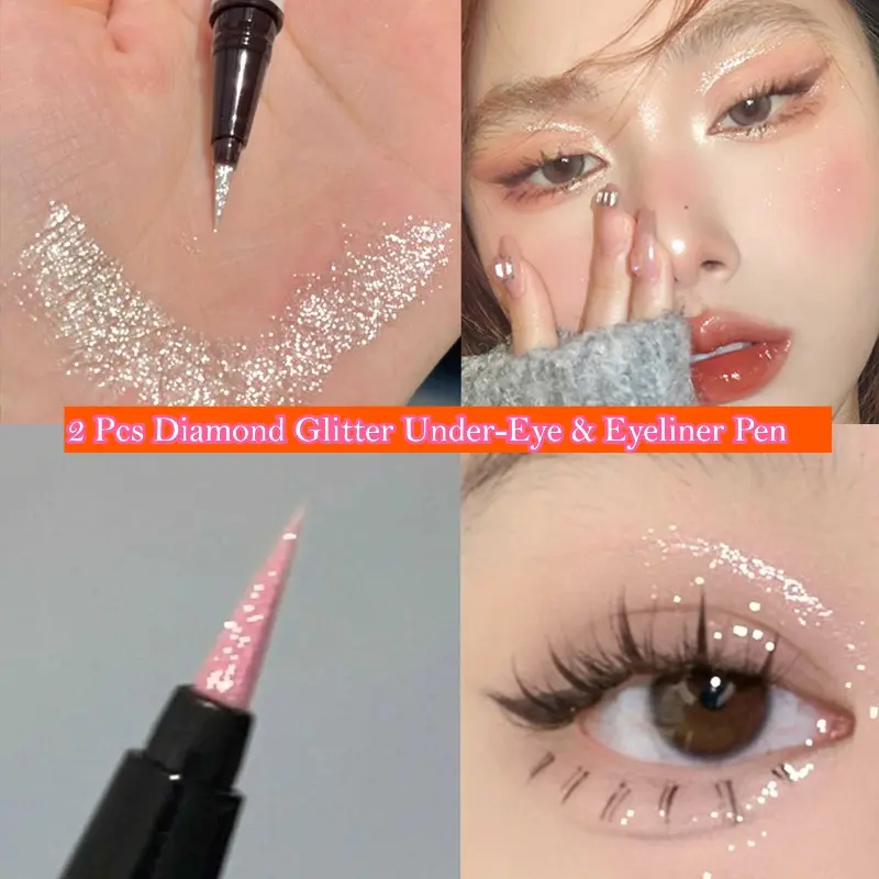 2pcs Diamond Glitter Dual-Use Eyelid & Under-Eye Highlighter Pen, Ultra-Fine Tip Shimmer Highlight Eyeliner Liquid, Natural Long-Lasting Smudge-Proof Sparkling Eye Makeup Cosmetic