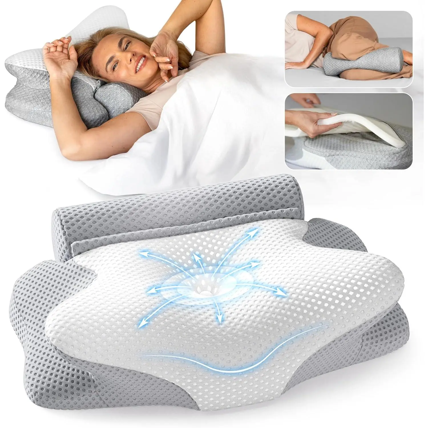 3-in-1  Pillow,   Pillow for Sleeping, Adjustable Height Memory   Pillow and Detachable Roll, Contour Pillow for   for  Sleeping Positions (White)