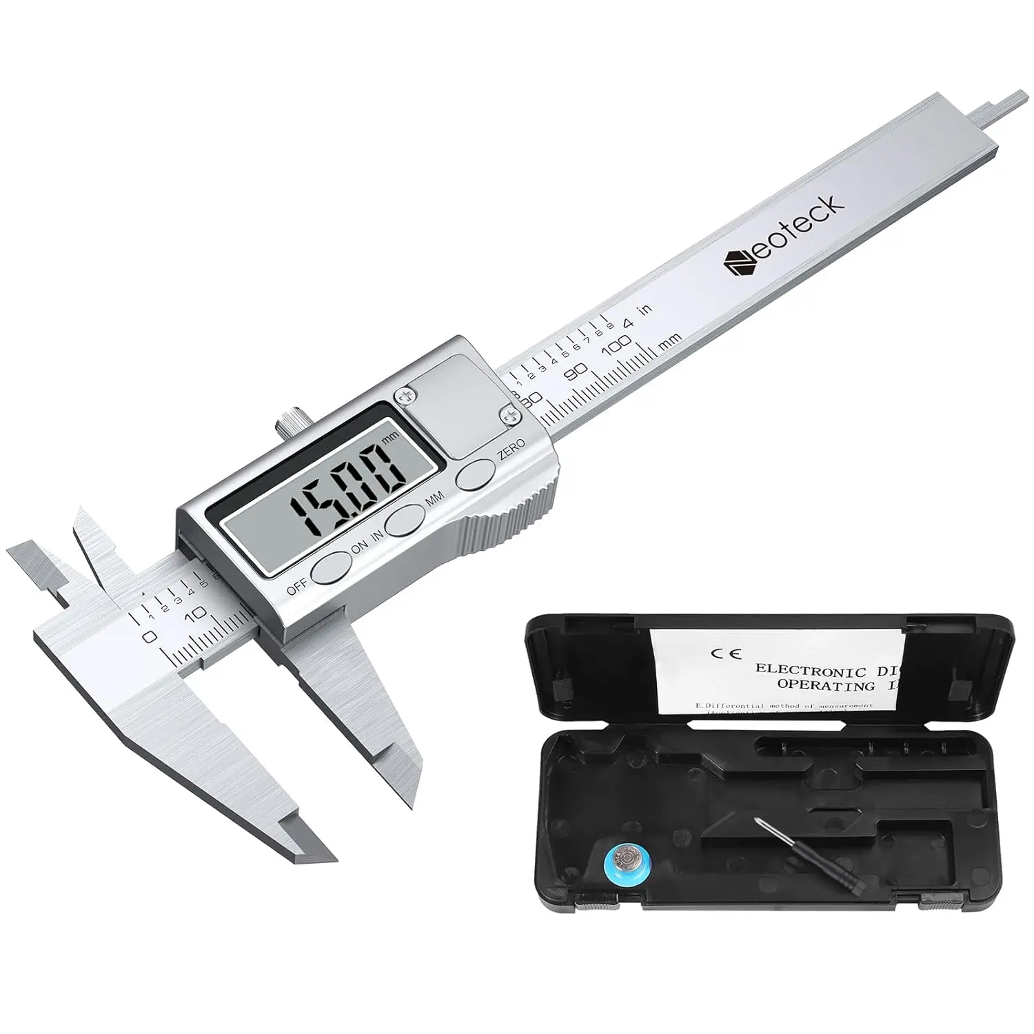 Neoteck 4 in/100mm Stainless Steel Digital Caliper, Electronic Hand Measuring Tool with inch/mm Conversion, Large Screen LCD Display