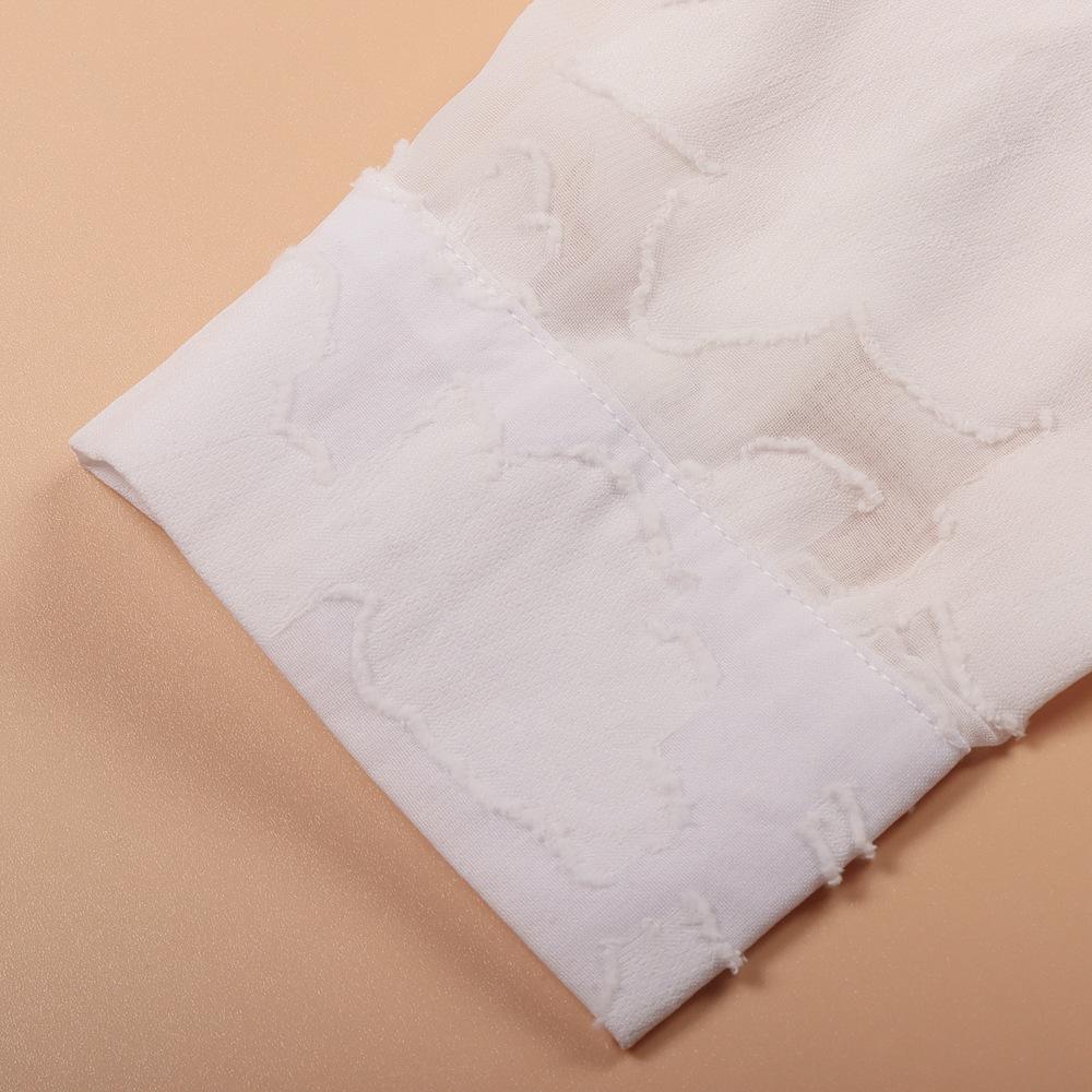 BIGWIG Women's White Elegant Sheer Blouse, Long-Sleeved Jacquard Collar Button-Down Top, Loose-Fitting Shirt, Casual Long-Sleeved Chiffon Blouse, Spring/Summer Outfit