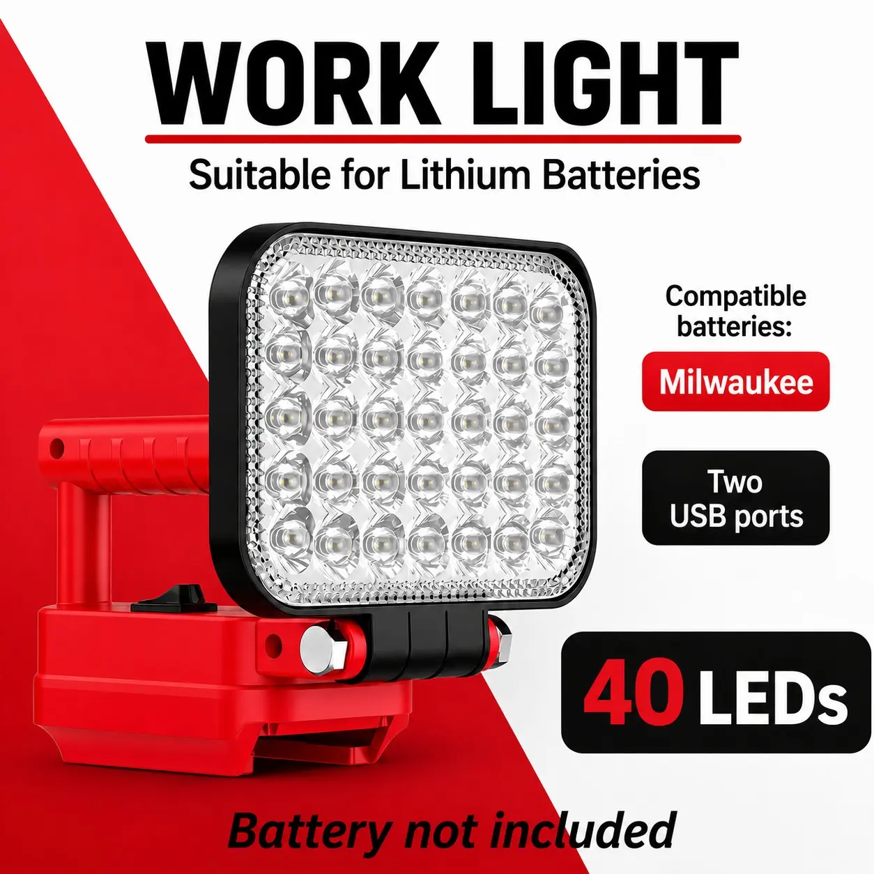 Wireless LED Work Light for Milwaukee 18v Battery, 15w 1800lm High Lumen Brightness Wide Beam, Dual USB Charging Ports, Ideal for Emergency, Workshop, Garage