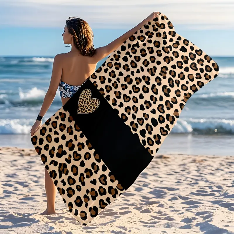 Leopard Heart Print Tropical Cartoon Beach Towel - Ultra-Fine Fiber, Quick-Drying, Sand-Free, Lightweight, Oversized, Soft, Absorbent, Portable Multifunctional Bath Towel for Beach Travel, Pool Use, Thick, Poolside