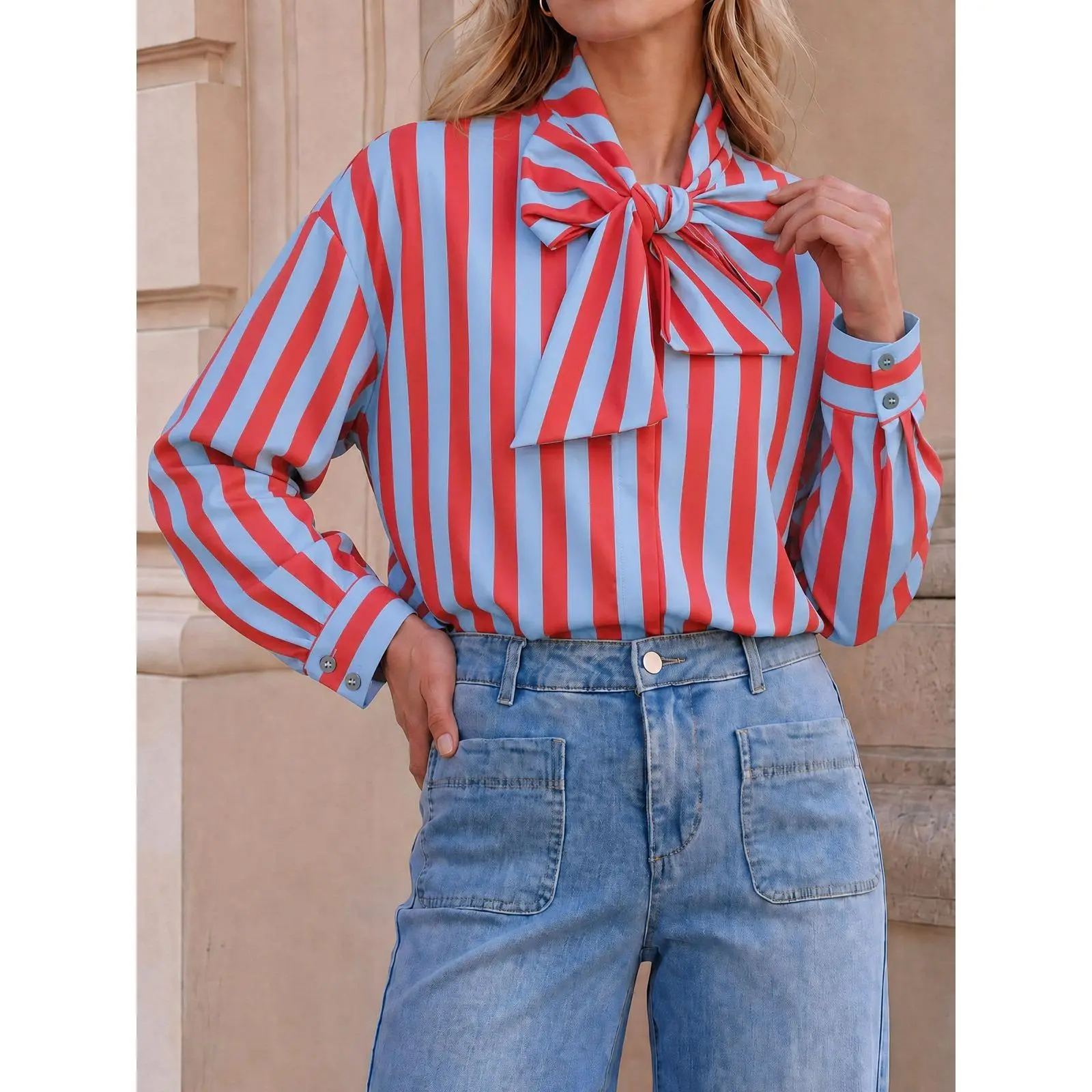 TANKANEO Womens Striped Blouse, Casual Tie Neck Long Sleeve Top, Trendy Clothes for Fall Outfits