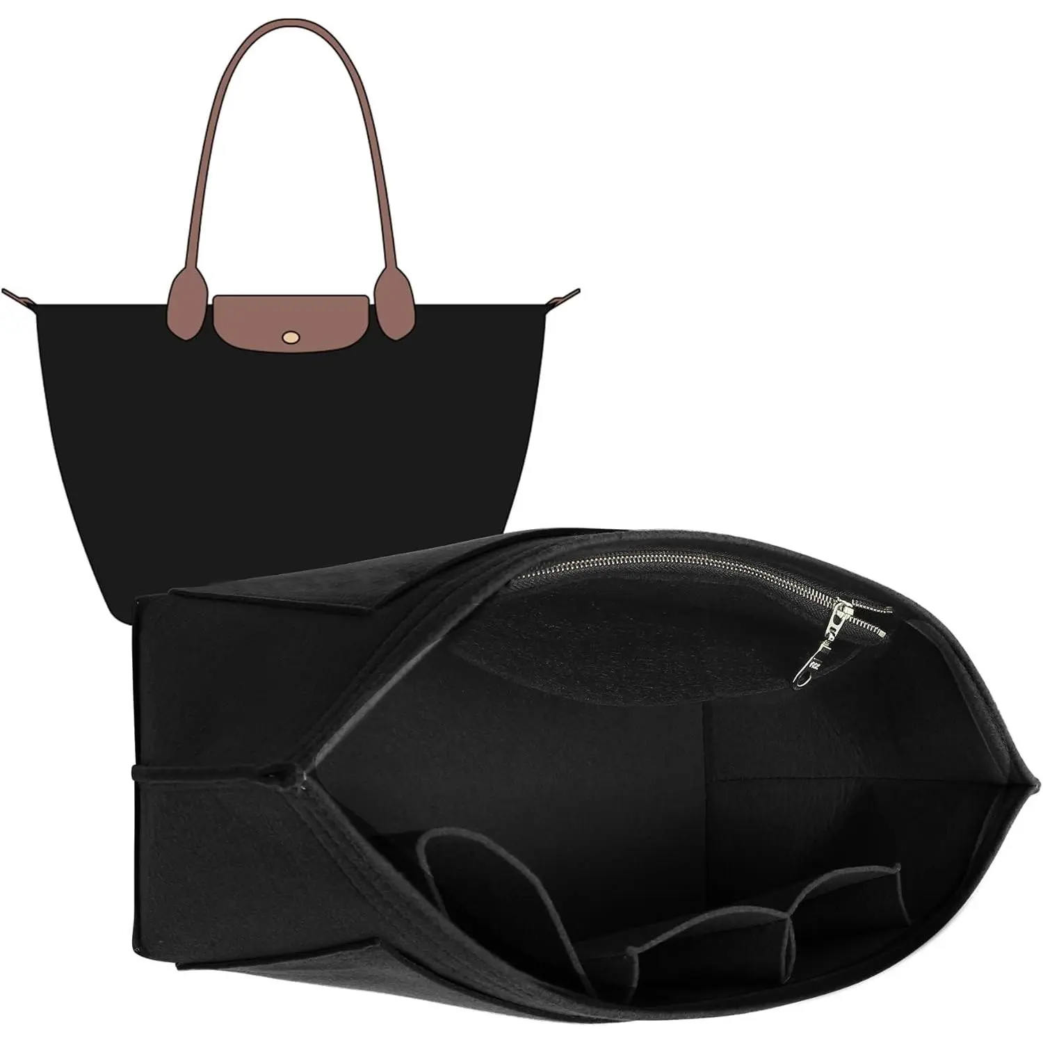 Felt Purse Organizer Insert for Longchamp Le Pliage Large Bag, Black | Anti-Pilling Felt Longchamp Organizer Insert, 8 Pockets, Cup Holder, YKK Zipper, Protects Interior, Lightweight Tote Insert
