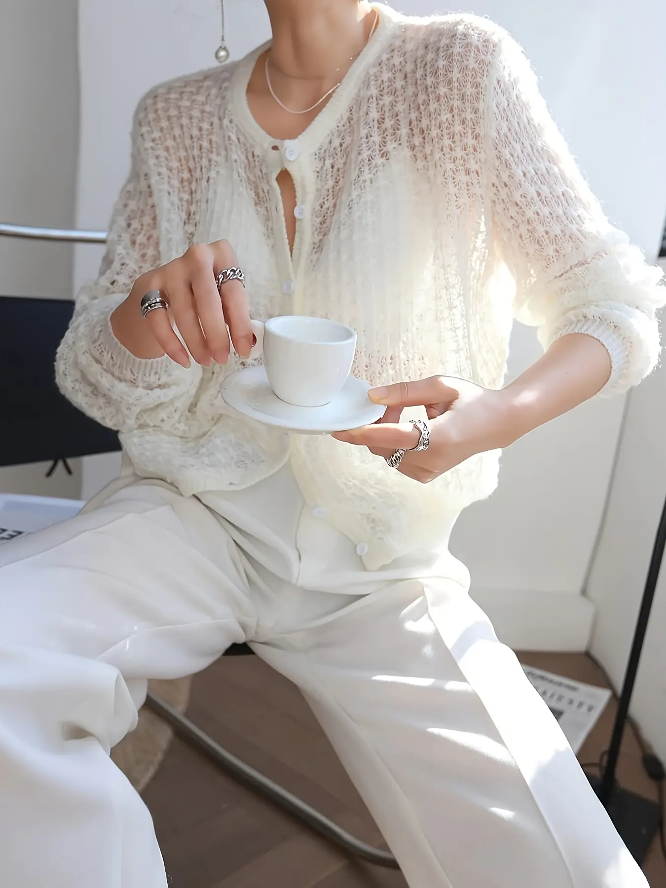 Women's Fashion Round Neck Knit Long Sleeve Cardigan Button, Lightweight Casual Style, Perfect for Spring, Summer, Autumn, Elegant Loose Fit, Knitwear
