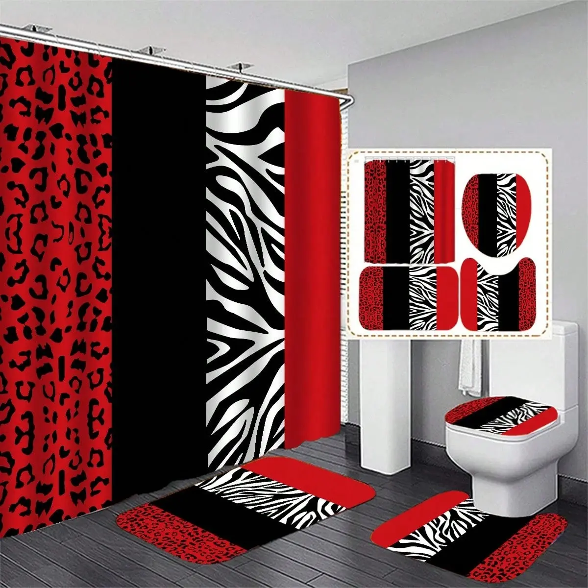 4-Piece Artistic Leopard Print Shower Curtain Set, Vertical Stripes, Polyester Material, 12 Plastic Hooks, 70.8"x70.8"