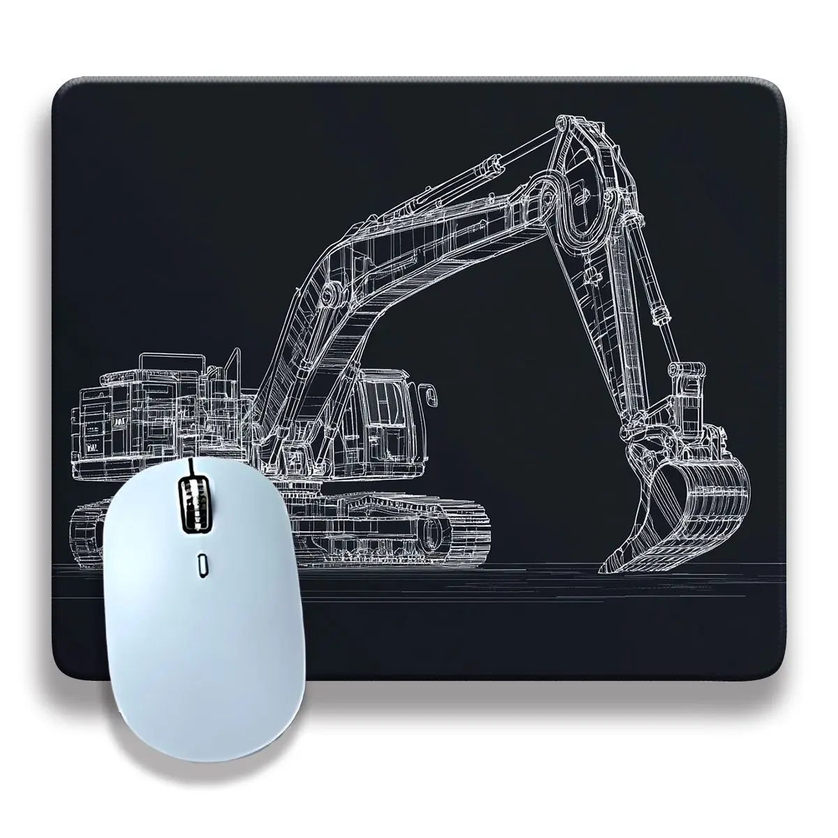 Civil Engineering Excavator Blueprint Design Mouse Pad - Non-Slip Washable Surface, Minimalist Black & White Vector Art for Office & Engineering Enthusiasts, Highcontrast Illustration