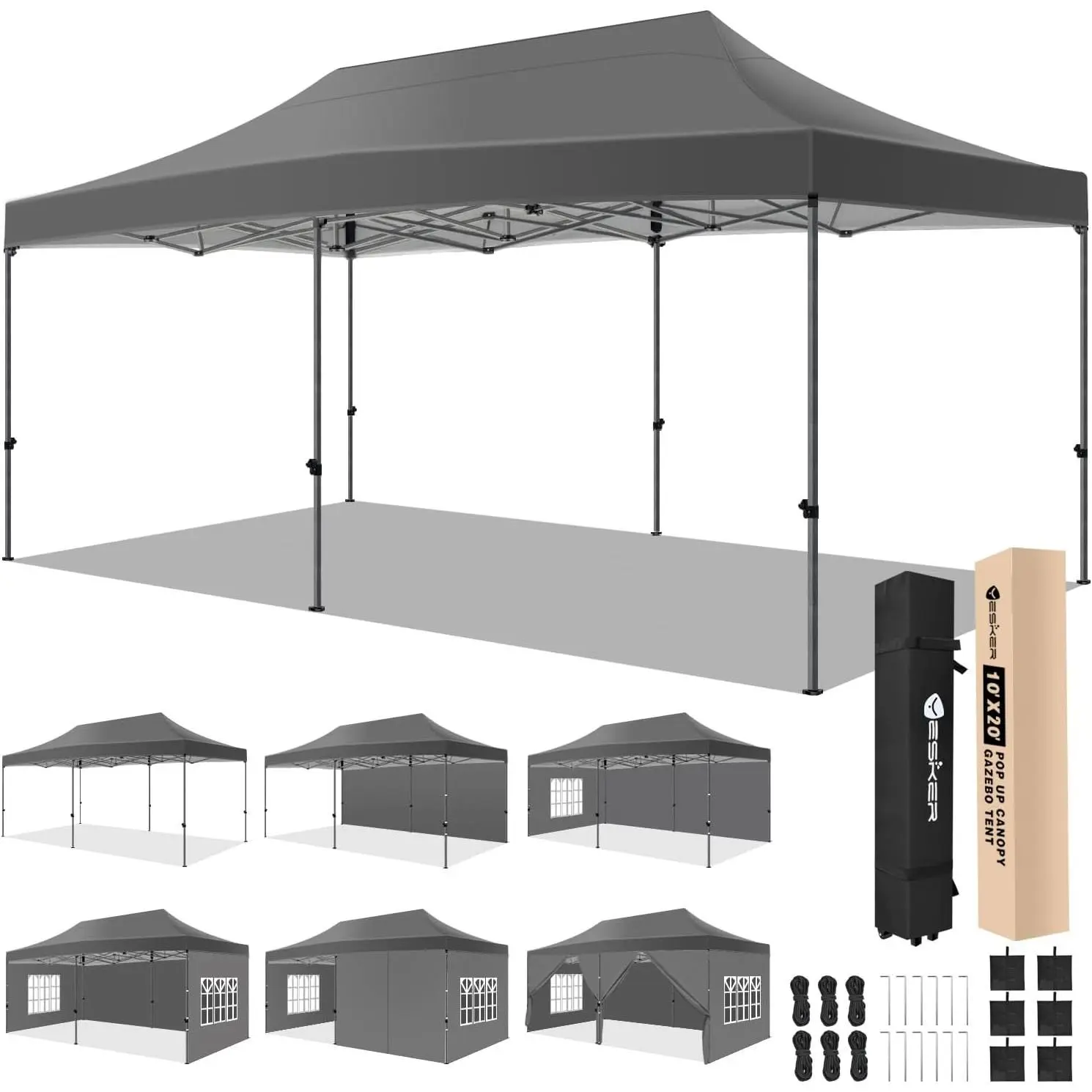 Yesker 10x20 ft (200 sq ft) Rectangular Foldable Pop Up Canopy Tent with Sidewalls, Steel Frame, Ground Stake Base, Tool-Free Setup, Waterproof UV-Protective Fabric, Adjustable Height Heavy Duty Gazebo for Backyard, Camping (Gray, Requires Setup)