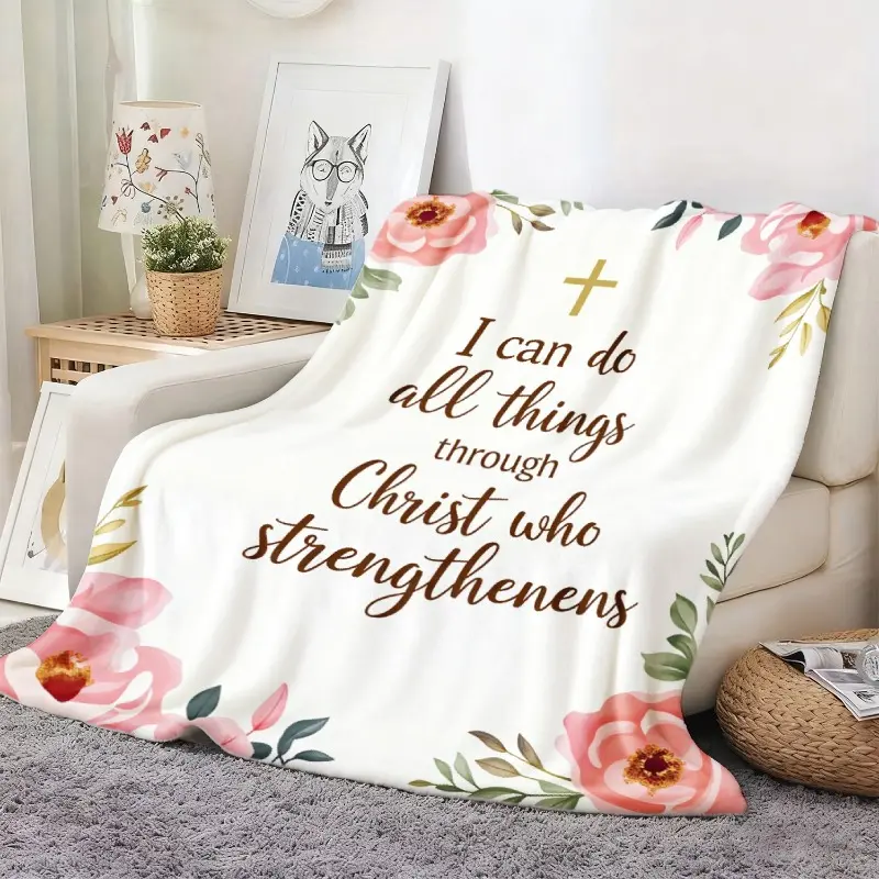 Religious Themed Flannel Fleece Throw Blanket - "I Can Do All Things Through Christ" Pink Floral & Golden Cross Bible Verse Print, Ultra-Soft, Lightweight, Anti-Pilling, No-Shed, Breathable, All-Season Cozy Decor for Sofa Couch