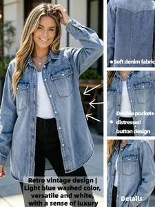 2026 new denim jacket coats washed denim women's standard size casual long sleeve denim top suitable for spring, summer, autumn denim jacket washed denim