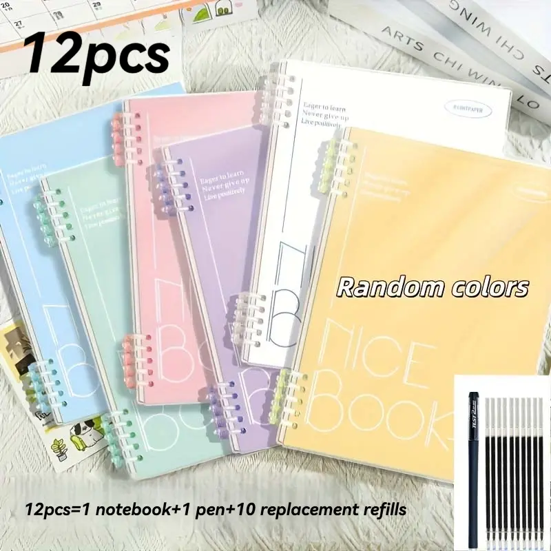 12Pcs Stationery Set: 1 Spiral Notebook + 1 Pen + 10 Refills | A5 Spiral Bound 60 Sheets/120 Pages, Thick Color-Coded Paper | Ideal for College, Diary & Note-Taking | Back-to-School Essentials, Stationery Supplies