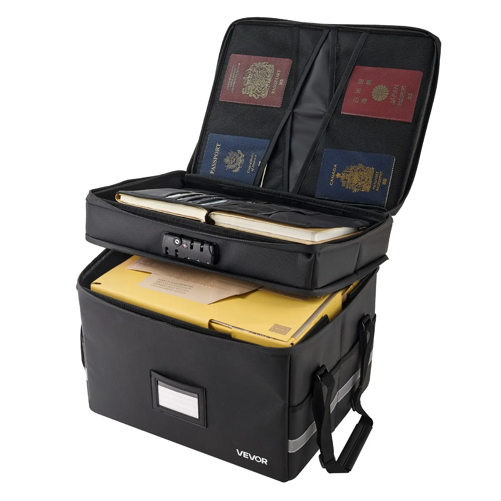 VEVOR Fireproof Document Box, 1832 Heat Insulated Fireproof Waterproof Box with Lock, Portable Two-Layer File Storage Organizer Home Office Travel Use, for Passports, Important Documents, Files