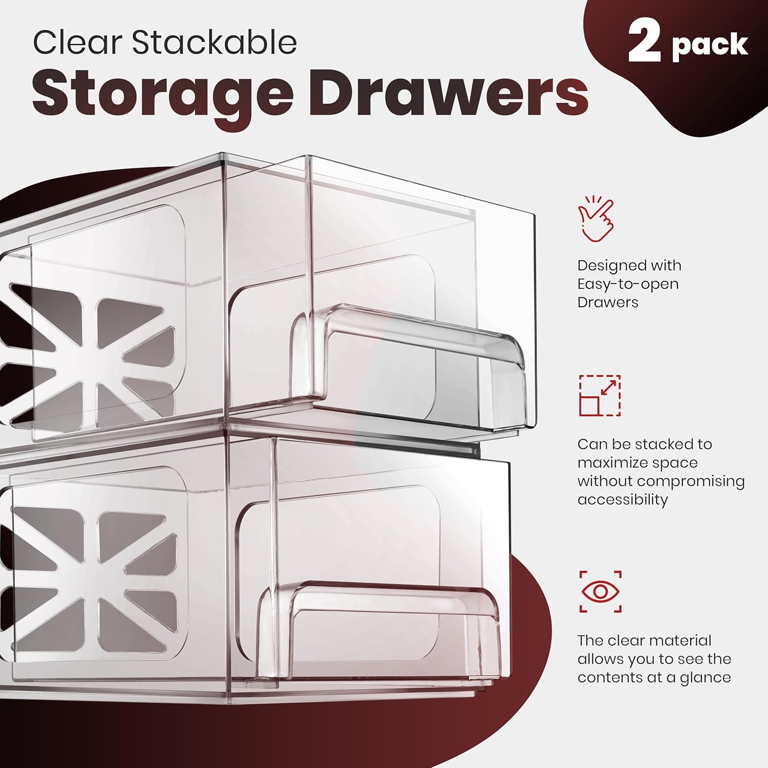 Drawer Organizer 2-Pack - Clear Stackable Storage Drawers for Makeup, Skincare, , Bathroom, Under Sink, Kitchen & Office - Non-Slip, Durable, Multi-Purpose Organizer Bins