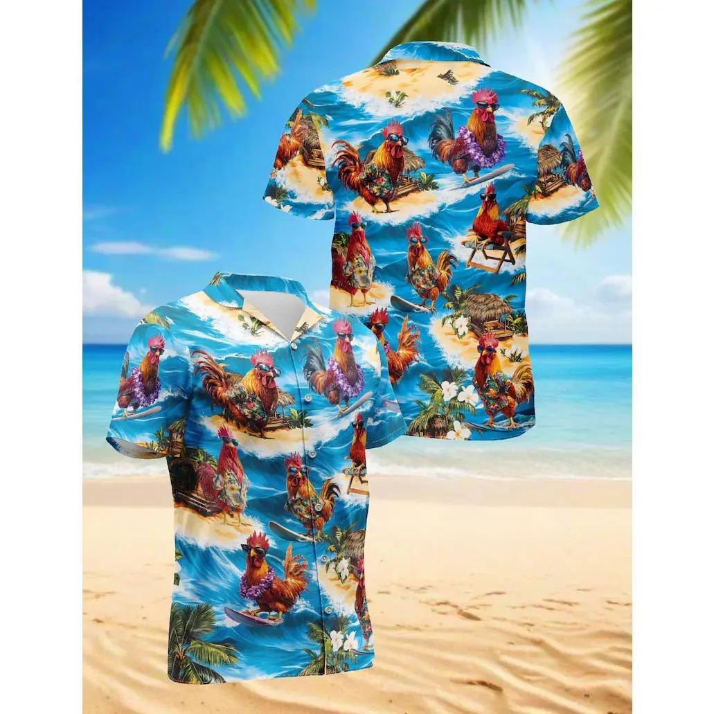 Funny Rooster Hawaiian Shirt for Men, Surfing Chicken Aloha Shirt, Tropical Beach Button Up, Novelty Summer Vacation Shirt