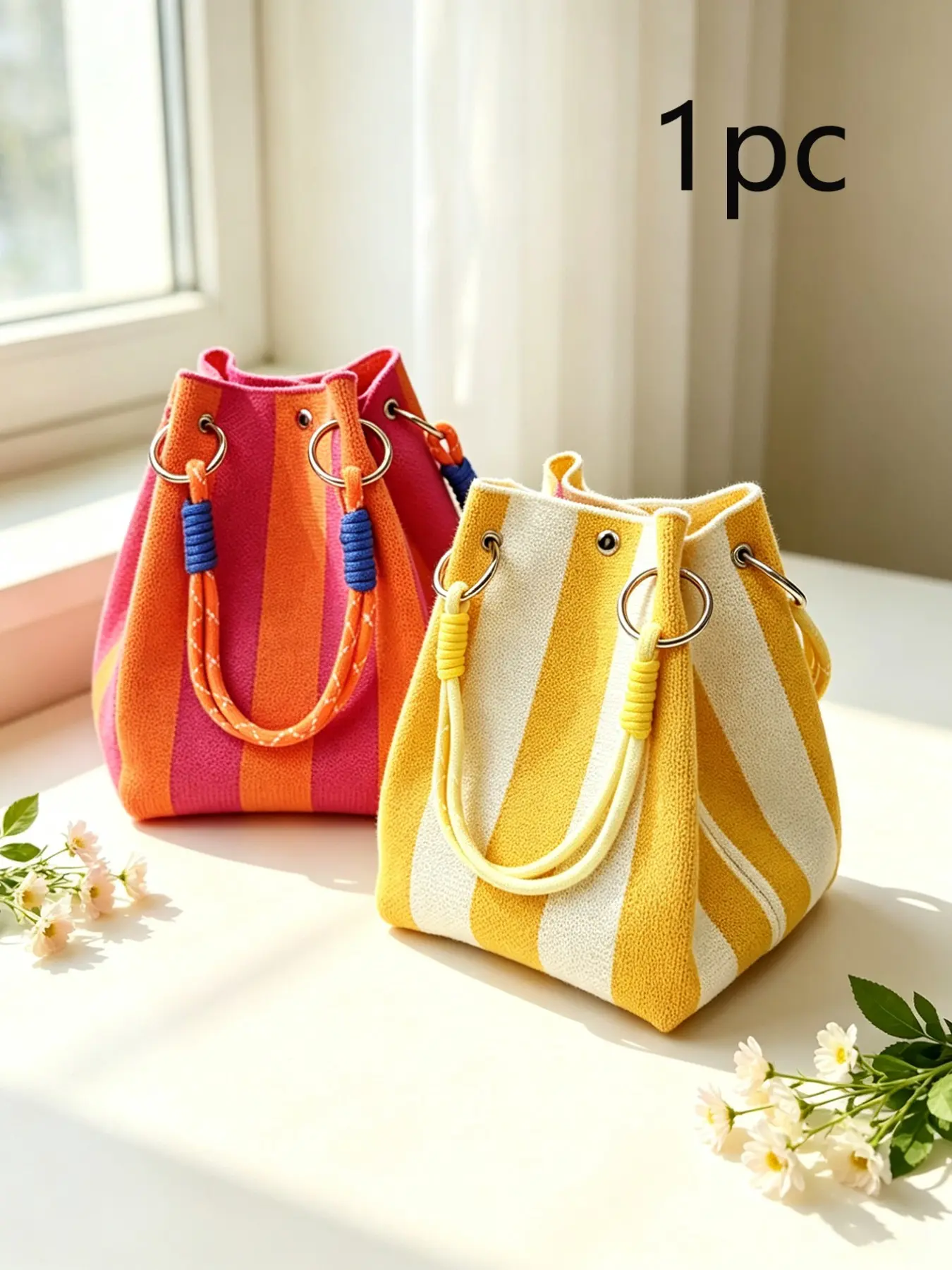 Striped Mini Bucket Handbag, Cute Casual Woven Crossbody Tote, Casual Bags, Lightweight Knit Fabric, Perfect for Daily Use, Beach Purse, Beach, Travel, Office