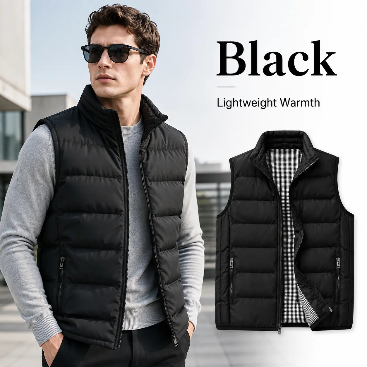 Men's Quilted Puffer Vest - Casual Lightweight Windproof Sleeveless Top with Stand Collar & Zipper Pockets for Outdoors