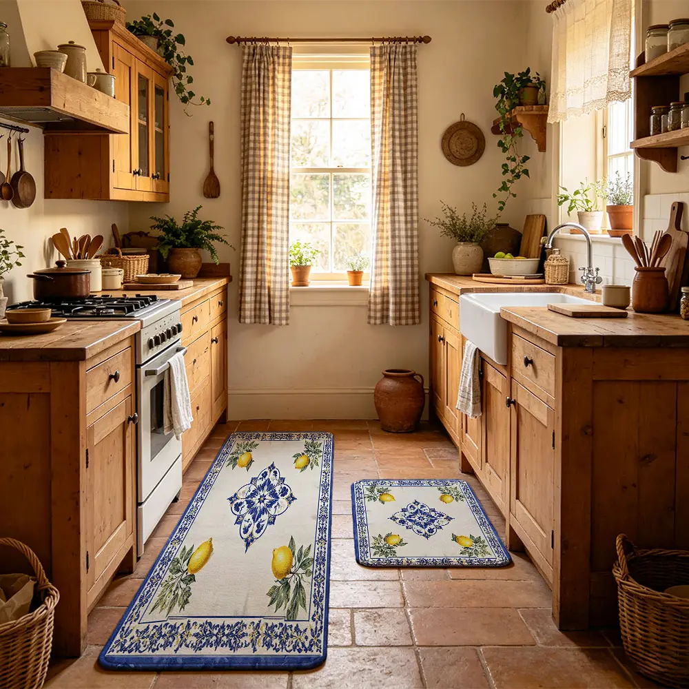 A set of 2pcs retro blue and white lemon pattern floor mats, featuring elements of floral print, suitable for kitchen use. They can be machine-washed and are ideal for kitchen decoration, art supplies, and home decoration. They can also be used as