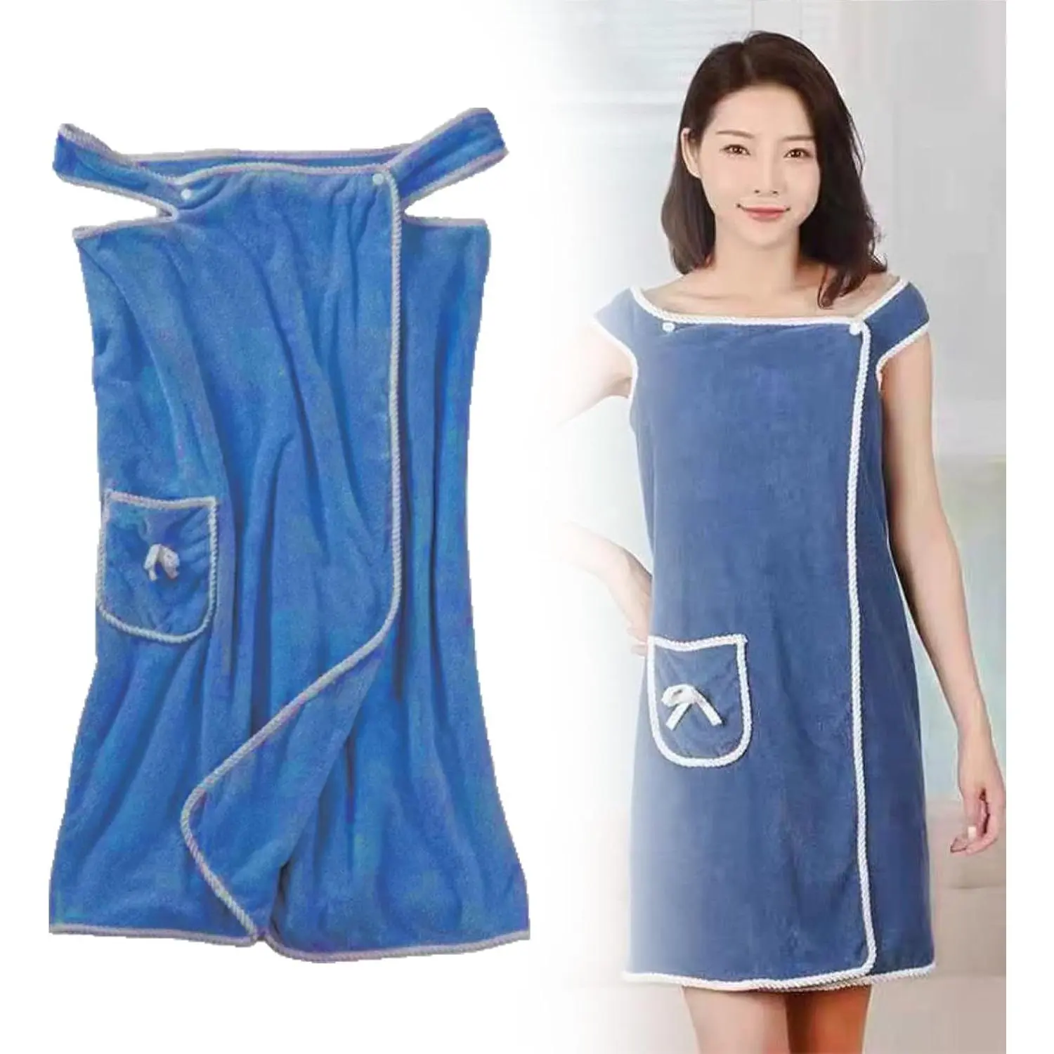 Women's Plus Size Wearable Towel Wrap Dress - Female Adult After-Shower Quick-Dry Bath Skirt, Soft and Skin-Friendly (Blue)