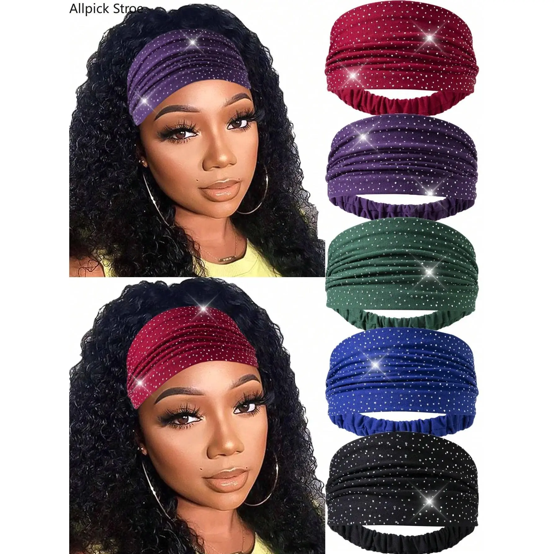 Wide Boho Bling Headbands for Women, 5-Pack Sparkly Rhinestone Hair Jewelry, Elastic Non-Slip for Parties, Weddings & Festivals