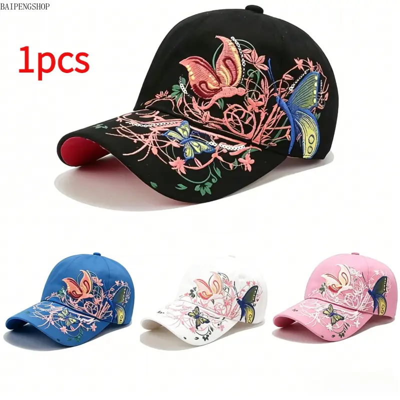Women's Funky Graphic Cotton Baseball Cap - UV-Prevention Female One-Size Hat, Breathable Adjustable, Geometric Print, Butterfly Embroidery, Multi-Color Hats