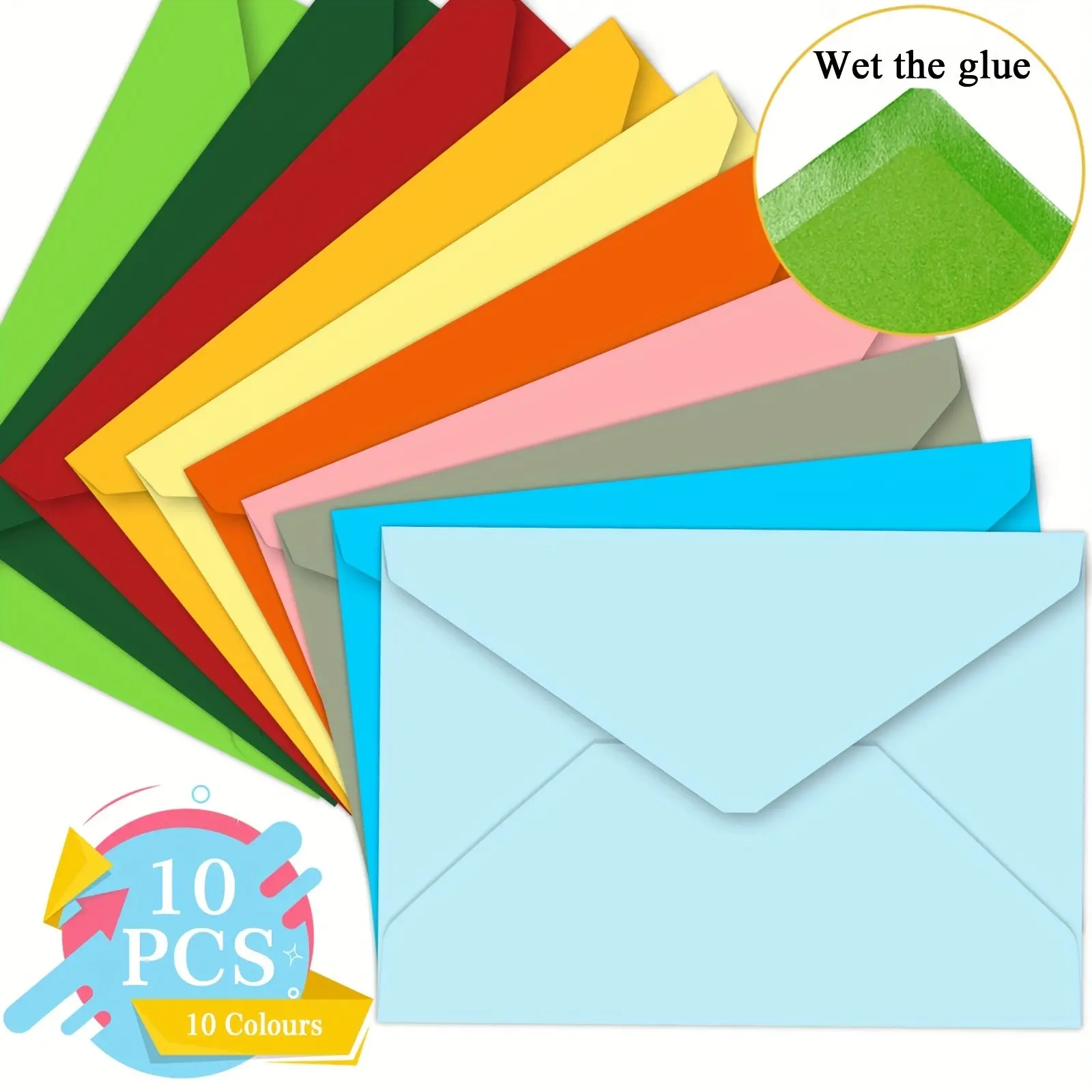 10-Pack Colorful Wet-Adhesive Envelopes, 10 Solid Colors, Ideal for Invitations, Greeting Cards, Letters, Universal Use