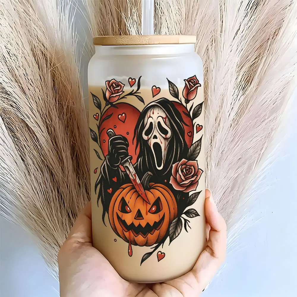 Halloween Horror Ghost Pumpkin 16oz Glass Can Cup with Lid and Straw, Reusable Glass Drinking Cup, Spooky Gothic Aesthetic Glass Jar for Iced Coffee, Hot Chocolate, Juice, Cold Drinks, Scary Halloween Glassware, Perfect Gift for Horror Movie Lover
