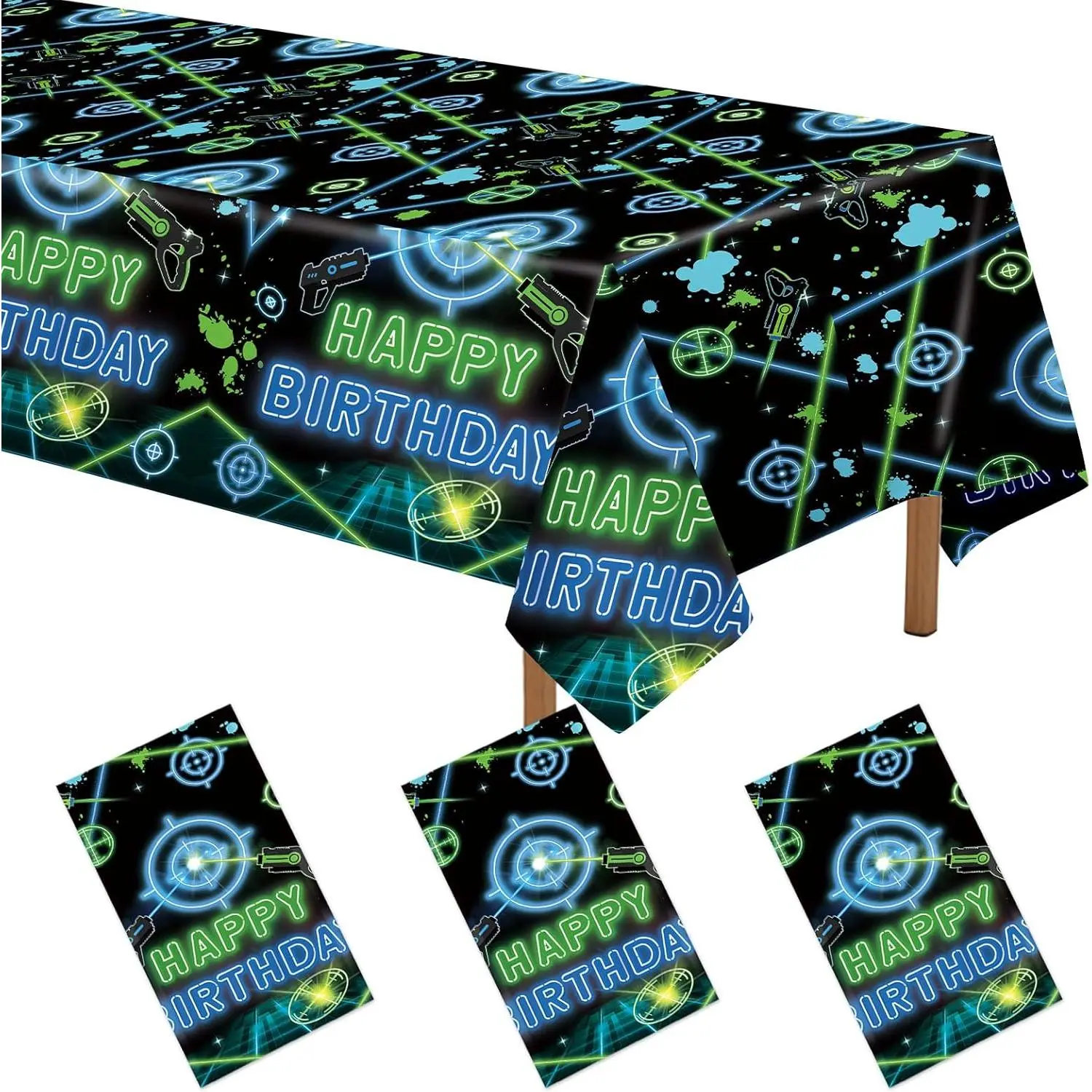 3Pcs Neon-Bordered Plastic Rectangle Laser Tag Tablecloths, 54"x108" Colorful Tablecovers, Gaming Gun Shooting Theme Kids' Birthday Party Home & Festive Decor Supplies