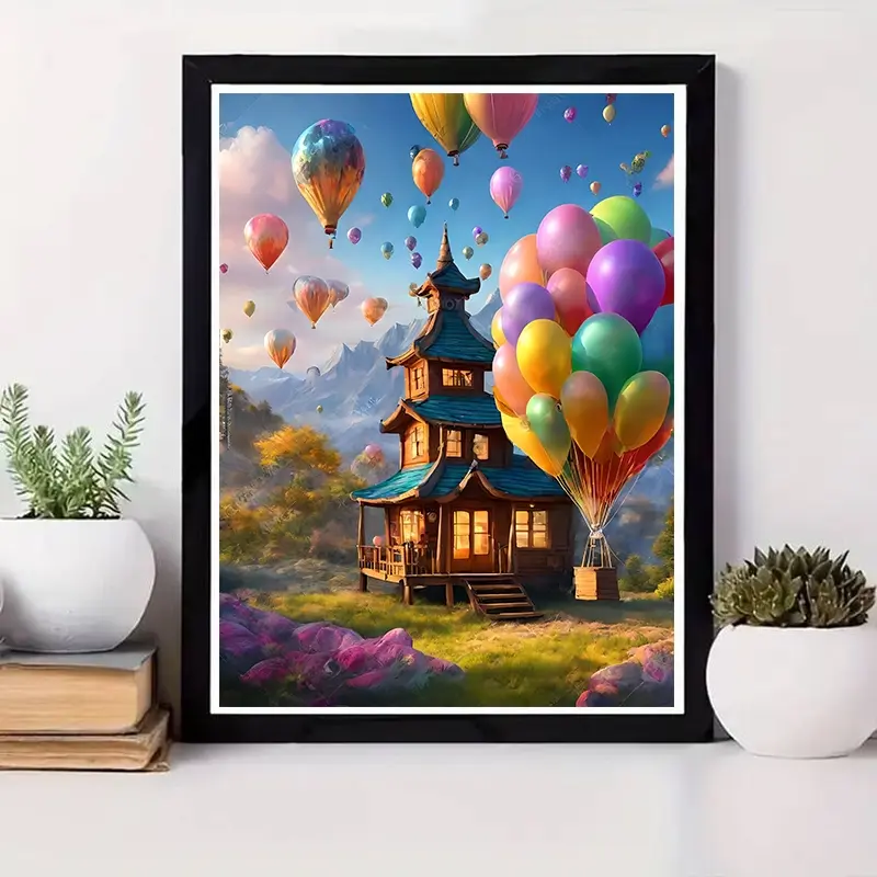 One 2D Flat Unframed Handmade DIY Diamond Painting Kit Dreamy Hot Air Balloons Chinese Ancient Style Tower Landscape Bright Colors High Transparency Diamonds Living Room Bedroom Decoration