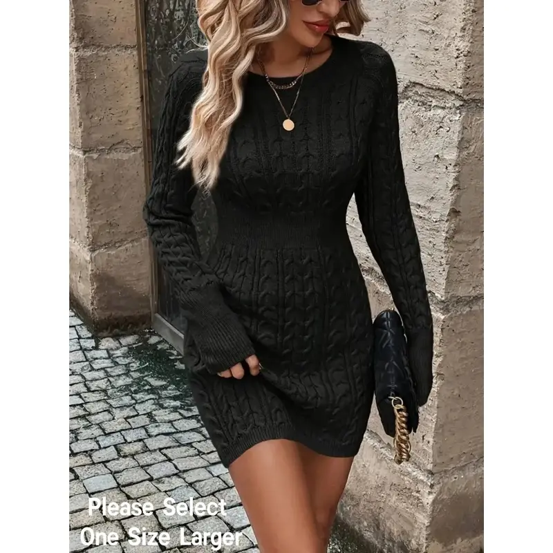 Women's Plain Round Neck Cable-Knit Bodycon Sweater Dress, Womenswear Elegant Fashion Casual Long Sleeve Jumper Dress for Everyday Wear, Women's Knitwear for Fall & Winter, Casual Elegance Chic